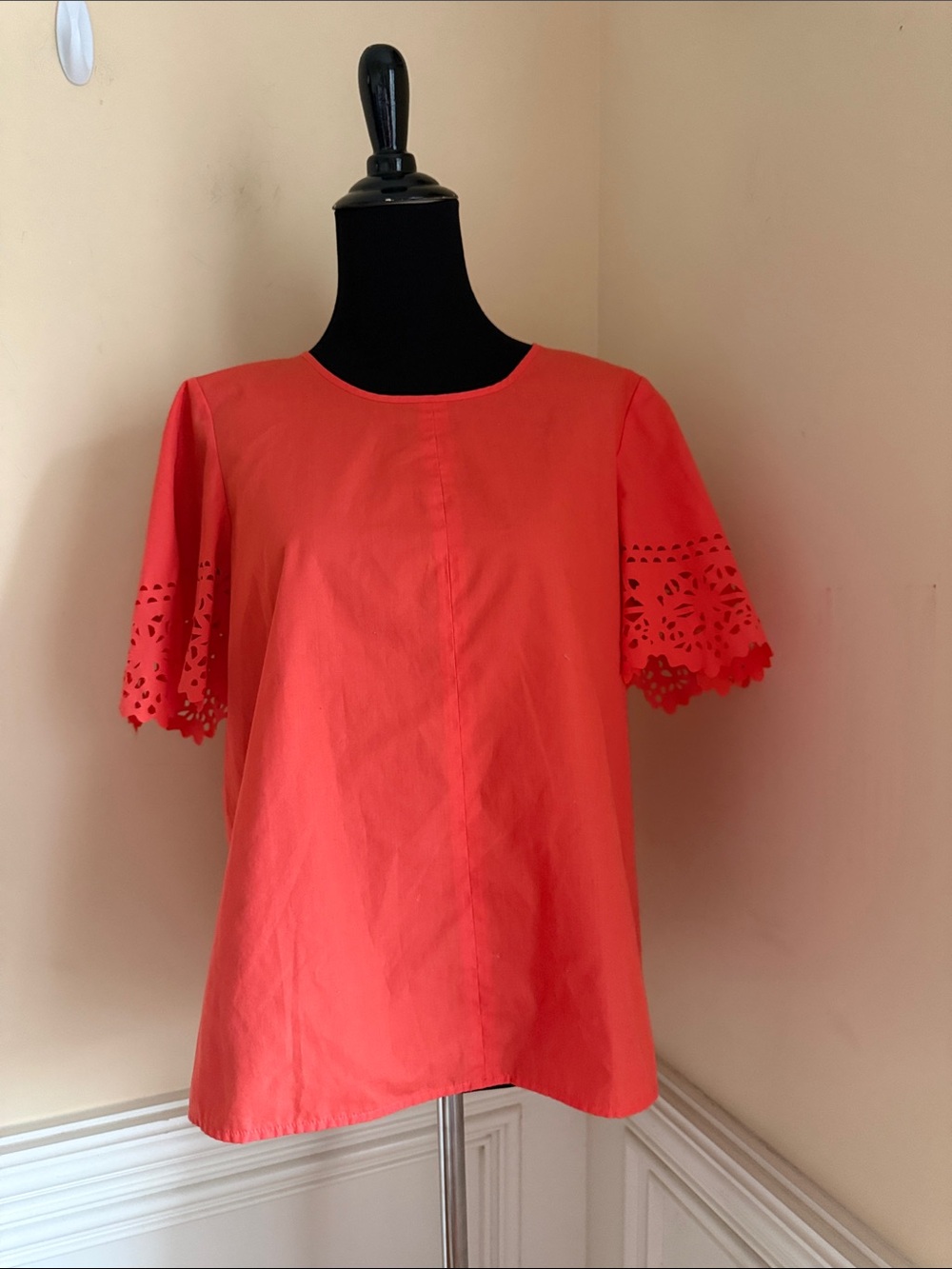 J. Crew Coral Red Short Sleeve Top with Laser-Cut Sleeves Sz S